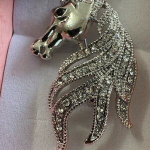Silver Horse Head Brooch with Rhinestones